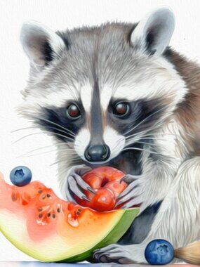 8x10 Raccoon Watermelon Blueberries Watercolor Oil Painting Art Print